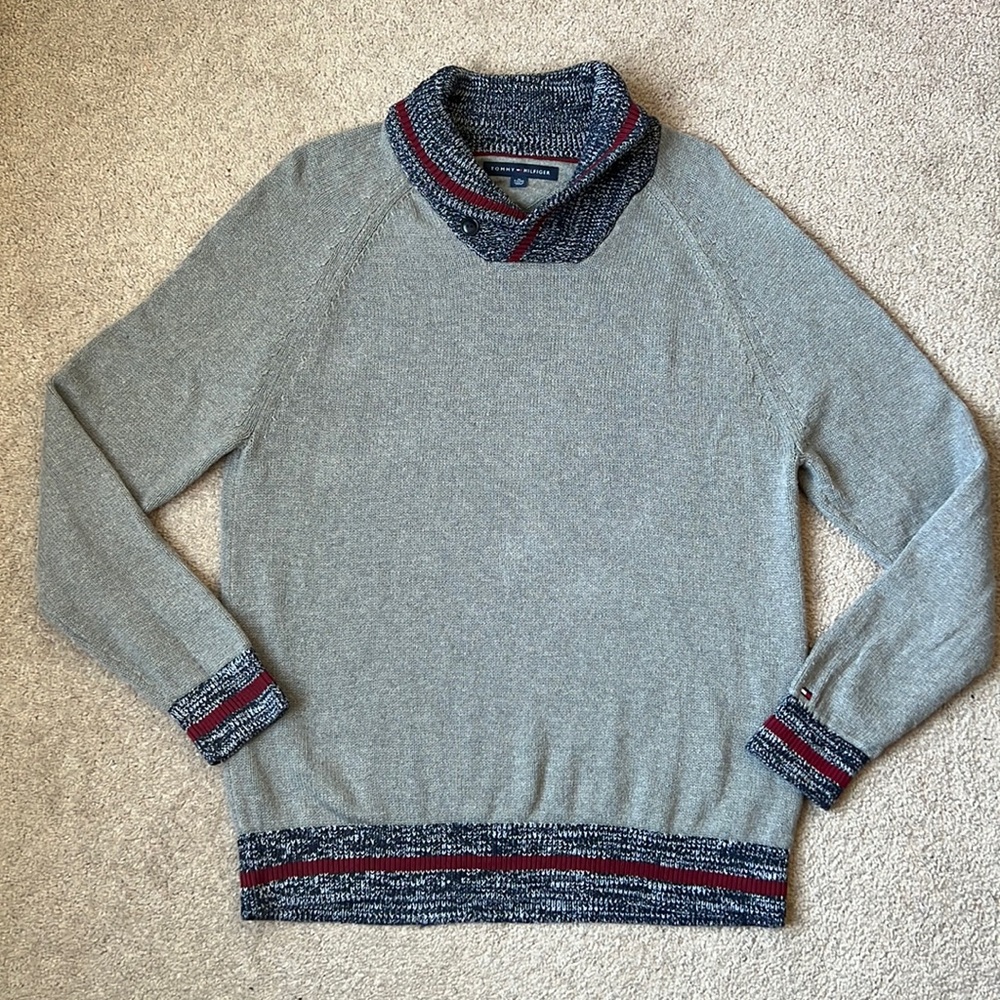 Tommy Hilfiger Men’s XL Gray Shawl Collar Sweater Navy Red 100% Cotton